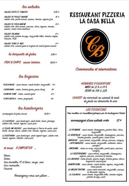 Carte des pizzas à emporter